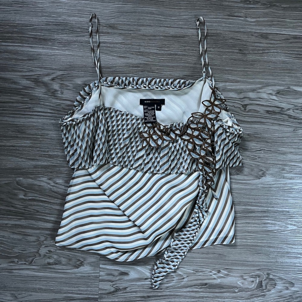 BCBGMAXAZRIA Silk Striped Camisole Top Blue Brown Pleated Ruffle Floral Medium